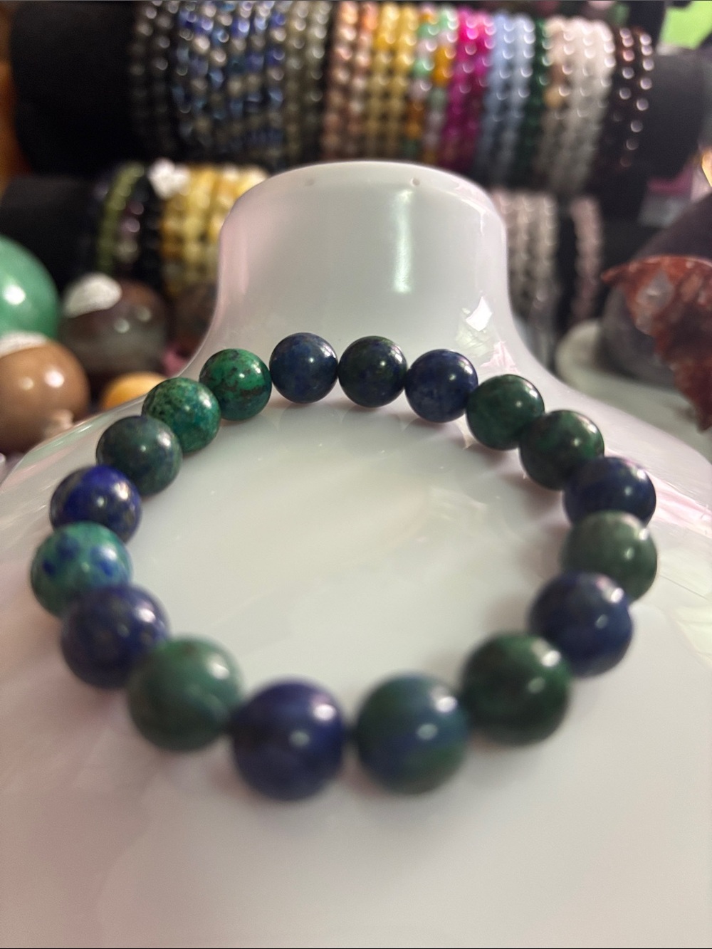 Chrysocolla & Lapis Bead Stretch Bracelet - Green Blue